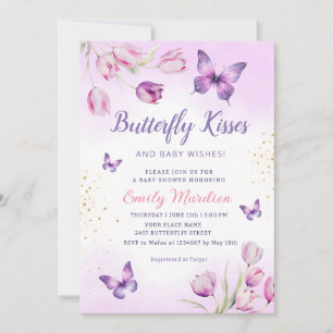 Modern Paars Floral Butterfly Girl Baby shower Kaart