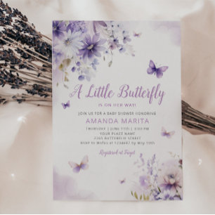 Modern Paars Floral Butterfly Girl Baby shower Kaart