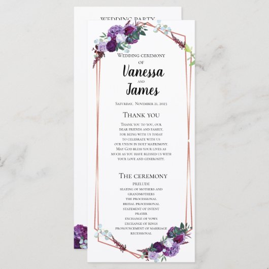 Modern Paars Floral Geometric Wedding Programme (Voorkant / Achterkant)