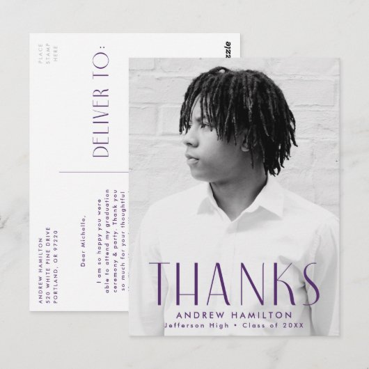 Modern Paars Foto Afstuderen Hartelijk dank Briefkaart (Voorkant / Achterkant)