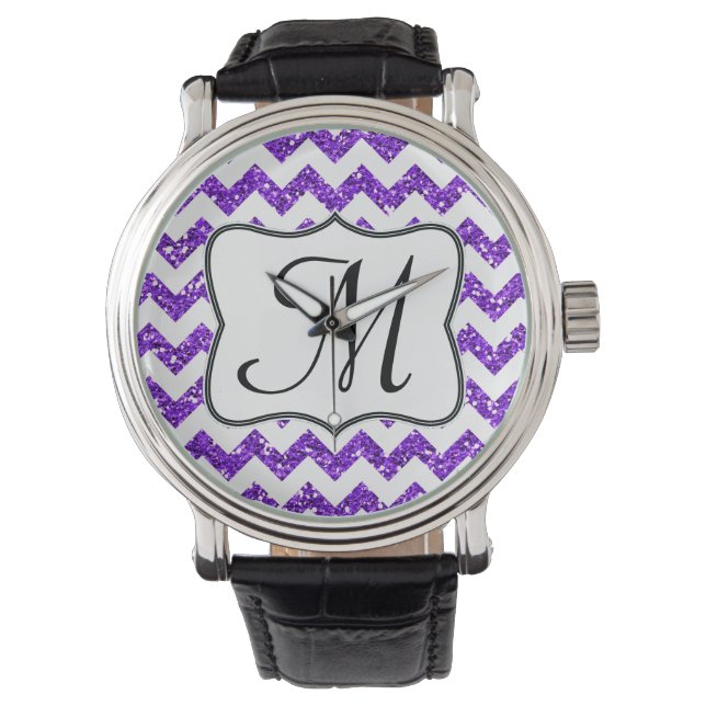 Modern Paars Glitter Chevron Zig Zag Stripe Watch Horloge (Voorkant)