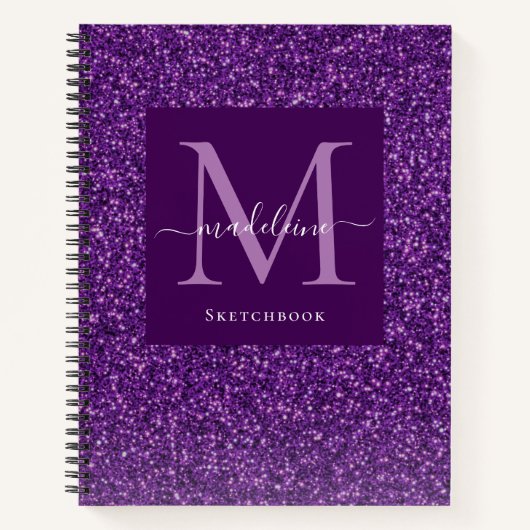 Modern Paars Glitter Monogram Sketchbook Notitiebo Notitieboek (Voorkant)