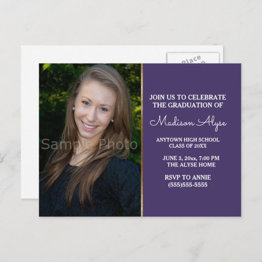 Modern Paars Gold Afstudeerder Party Photo Invitat Uitnodiging Briefkaart (Voorkant / Achterkant)