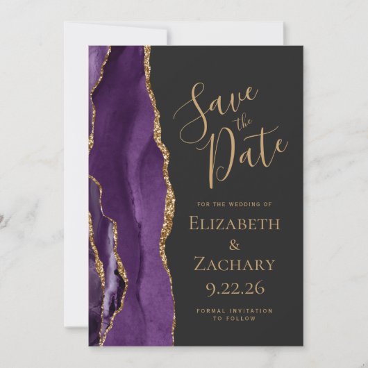 Modern Paars Gold Agate Dark Save the Date (Voorkant)