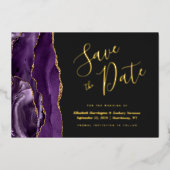 Modern Paars Gold Agate Dark Save the Date Folie Uitnodiging (Voorkant)