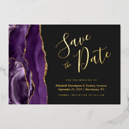 Modern Paars Gold Agate Dark Save the Date Folie Uitnodiging (Voorkant)