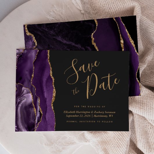 Modern Paars Gold Agate Dark Save the Date Kaart