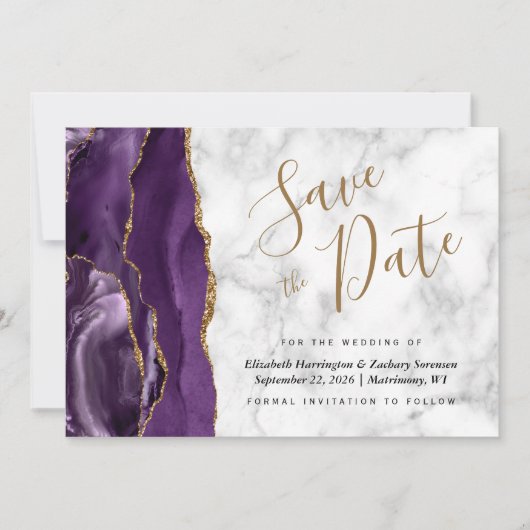 Modern Paars Gold Agate Marble Save the Date Kaart (Voorkant)