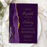 Modern Paars Gold Agate Plum Wedding Invitation Kaart<br><div class="desc">De linkerrand van deze elegante moderne huwelijksuitnodiging is voorzien van een paarse waterverf-agatgrens die met faux goudglitter is bedekt. De aanpasbare tekst combineert goudkleurige handteksten,  copperplate en cursieve doopvonten op een donkere plumachtergrond. De achterzijde is voorzien van een passend paars en goudvormig ontwerp.</div>