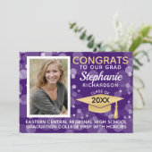 Modern Paars Gold Bokeh Bubbles Foto Afstuderen Kaart (Staand voorkant)