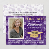 Modern Paars Gold Bokeh Bubbles Foto Afstuderen Kaart (Voorkant / Achterkant)