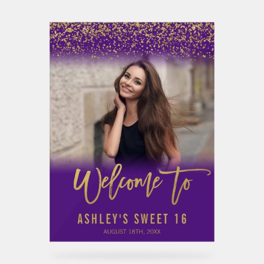 Modern Paars Gold Glitter Sweet 16 Foto Welkom Acryl Bord (Voorkant)