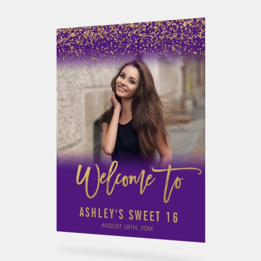 Modern Paars Gold Glitter Sweet 16 Foto Welkom Acryl Bord (Hoek)