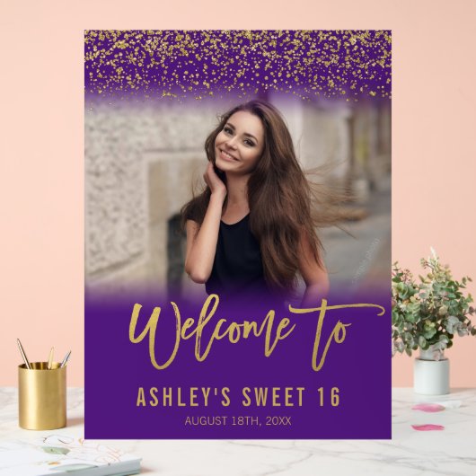Modern Paars Gold Glitter Sweet 16 Foto Welkom Acryl Bord (Huwelijk)