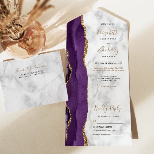 Modern Paars goudgedag marmer Wedding All In One Uitnodiging
