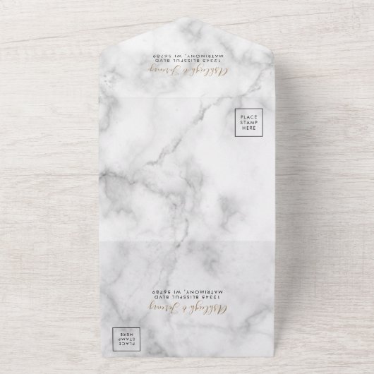 Modern Paars goudgedag marmer Wedding All In One Uitnodiging (Buitenkant)