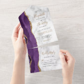 Modern Paars goudgedag marmer Wedding All In One Uitnodiging (Afscheurbaar)