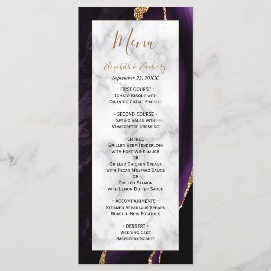 Modern Paars goudgedag marmer Wedding Menu (Voorkant)