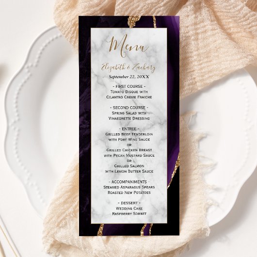 Modern Paars goudgedag marmer Wedding Menu
