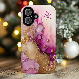 Modern Paars goudmarmer monogram op maat iPhone 16 Hoesje