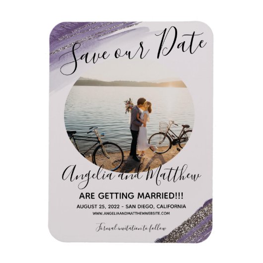 Modern Paars grijs Glitter Spark Save T Date Foto Magneet (Verticaal)
