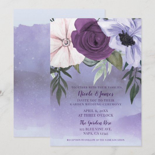 Modern Paars lavender Floral Waterverf Wedding Kaart (Voorkant / Achterkant)
