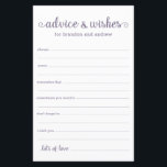 Modern Paars LGBTQ-huwelijksadvies en -wensen<br><div class="desc">Deze eenvoudige, paarse en witte, moderne, minimale, handgeschreven script LGBTQ Advice & Wishes lakens zijn perfect om op je vrijgezellenfeest een repetitief diner of bruiloft te hebben voor gasten om het gelukkige paar in te vullen. Mensen zullen graag de herinneringen krijgen - ze maken het zo makkelijk om liefhebbende woorden...</div>