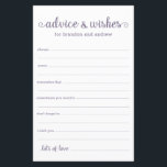 Modern Paars LGBTQ-huwelijksadvies en -wensen<br><div class="desc">Deze eenvoudige, paarse en witte, moderne, minimale, handgeschreven script LGBTQ Advice & Wishes lakens zijn perfect om op je vrijgezellenfeest een repetitief diner of bruiloft te hebben voor gasten om het gelukkige paar in te vullen. Mensen zullen graag de herinneringen krijgen - ze maken het zo makkelijk om liefhebbende woorden...</div>