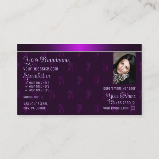 Modern Paars met Logo Foto en Monogram Patroon Visitekaartje (Achterkant)