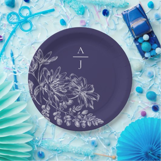 Modern Paars monogram - Bord Floral paper (Feest)