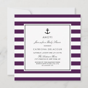 Modern Paars Nautical Stripes Baby shower Kaart