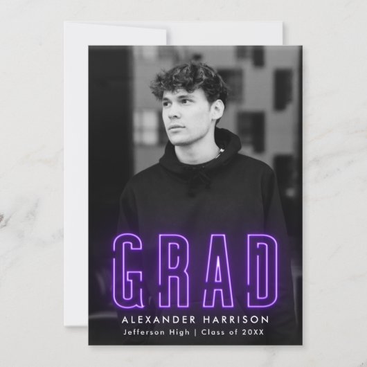 Modern Paars Neon Vertical Photo Afstuderen Aankondiging (Voorkant)