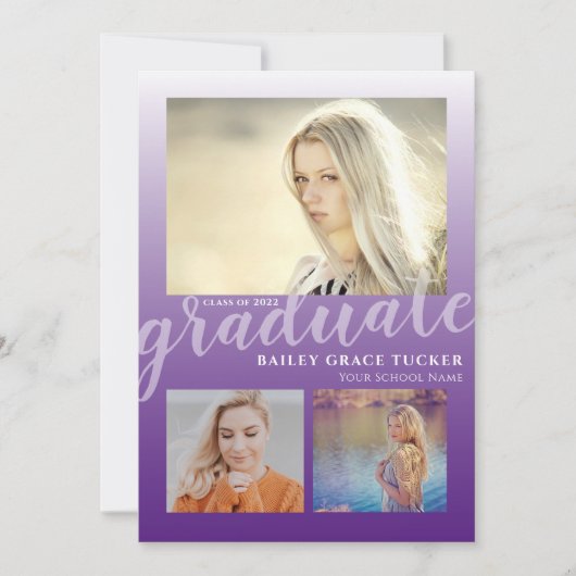 Modern Paars Ombre Afstuderen 3 foto's Afstuderen Aankondiging (Voorkant)