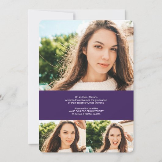 Modern paars script 4 foto's afstuderen aankondiging (Achterkant)