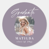 Modern paars script foto elegant afstuderen ronde sticker (Voorkant)