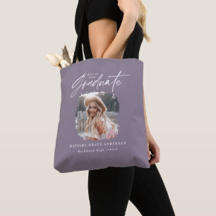 Modern paars script foto elegant afstuderen tote bag