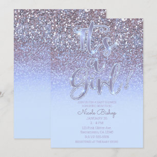 Modern Paars Silver Glam Glitter Girl Baby shower Kaart