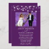 Modern Paars String Lights Photo Wedding Kaart (Voorkant / Achterkant)