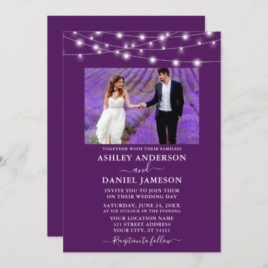 Modern Paars String Lights Photo Wedding Kaart (Voorkant / Achterkant)