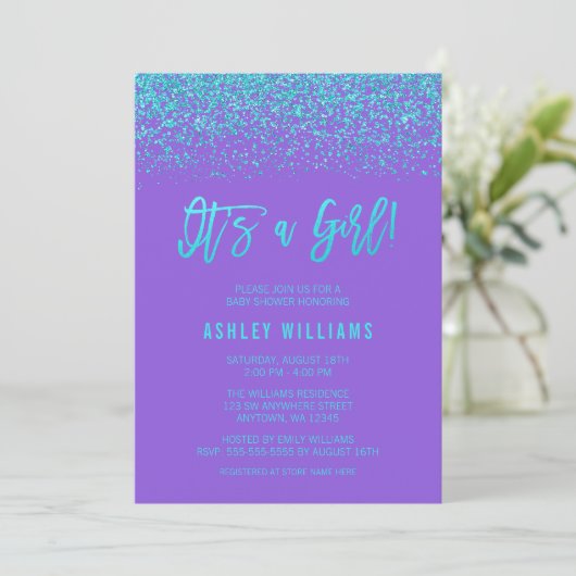 Modern Paars Turquoise Glitter Girl Baby shower Kaart (Staand voorkant)