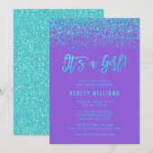 Modern Paars Turquoise Glitter Girl Baby shower Kaart (Voorkant / Achterkant)