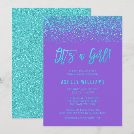 Modern Paars Turquoise Glitter Girl Baby shower Kaart (Voorkant / Achterkant)