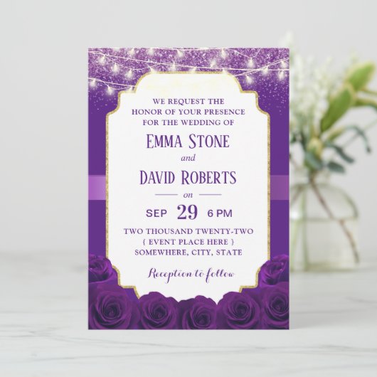 Modern Paars Violet Roos Flowers Elegant Wedding Kaart (Staand voorkant)