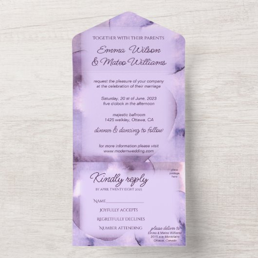 Modern paars viooltje all in one uitnodiging (Binnen)