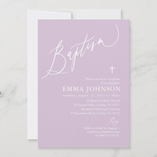 Modern Paars-White Cross-Girl Baptisme Uitnodiging (Voorkant)