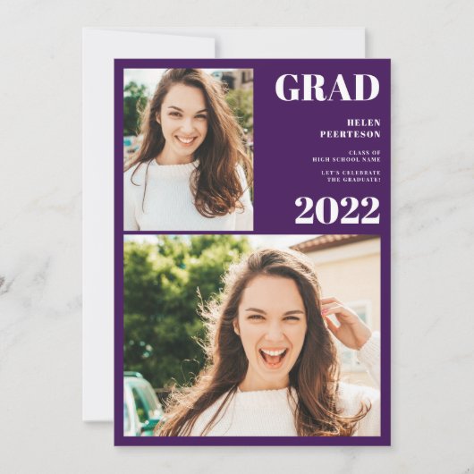 Modern paars wit 3 foto's afstuderen kaart (Voorkant)