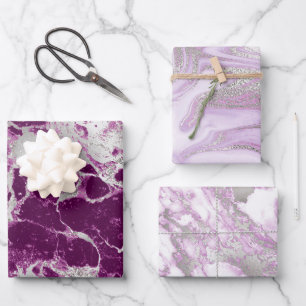 Modern paars, wit en zilver marmerpatroon inpakpapier vel