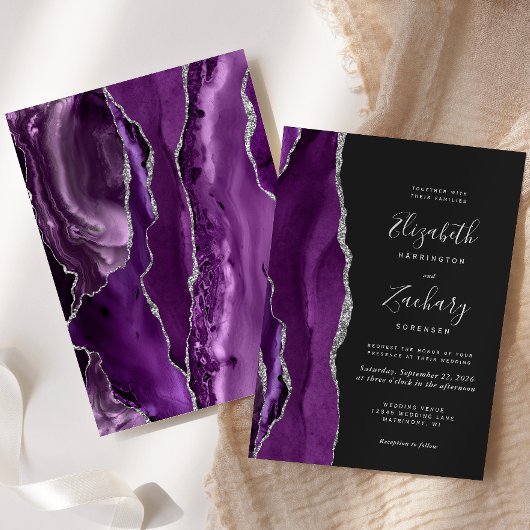 Modern Paars zilver Agate Dark Wedding Kaart