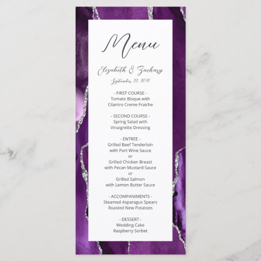 Modern Paars zilver Agate Wedding Menu (Voorkant)