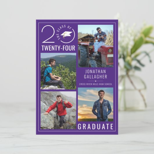 Modern Paarse Afstuderen 4 foto's Aankondiging (Staand voorkant)